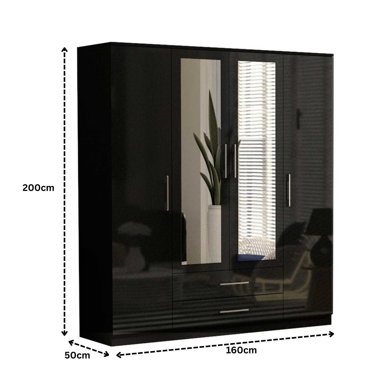 URBAN FURNISHING Modern 4-Door Wardrobe with Mirror &  2 Bottom Drawers 160CM