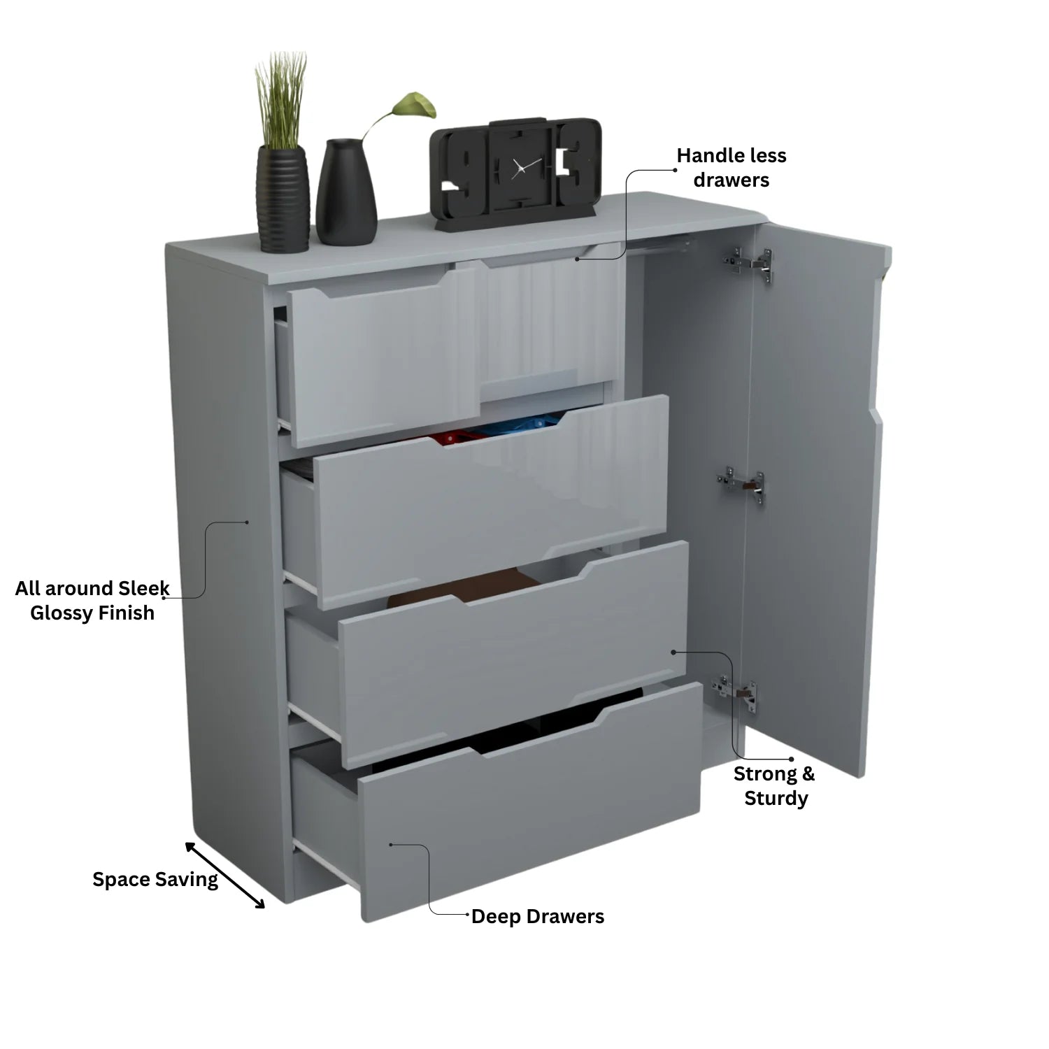 Modern High Gloss 5 Drawer Dresser with Side Hanging Cabinet