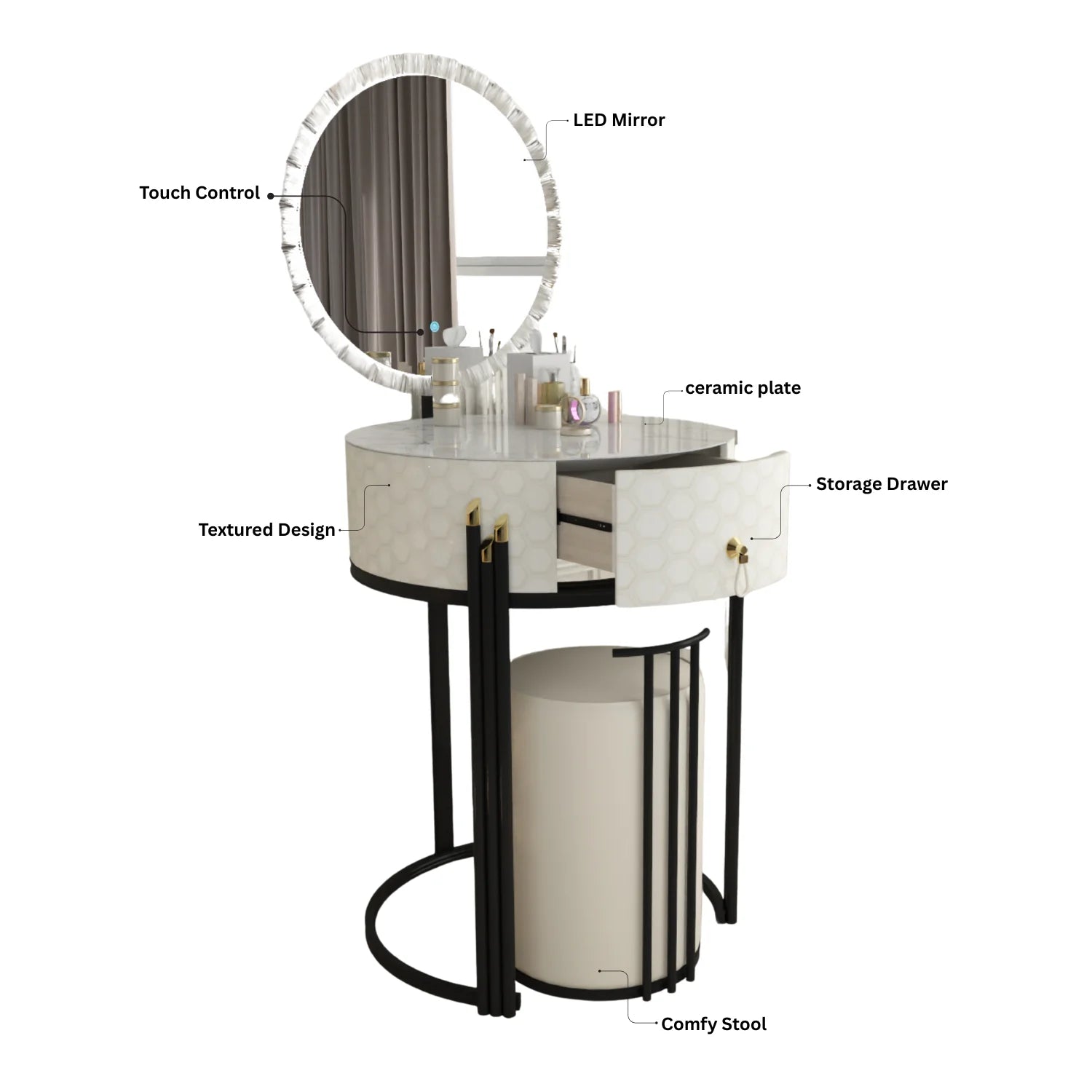 URBAN FURNISHING Modern Round Vanity Table with LED Mirror and Padded Stool