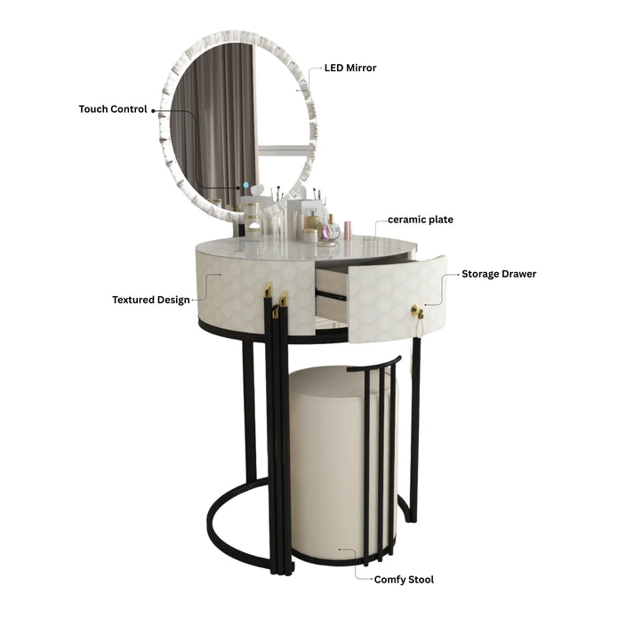 Round LED Mirror Dressing Table With Padded Stool