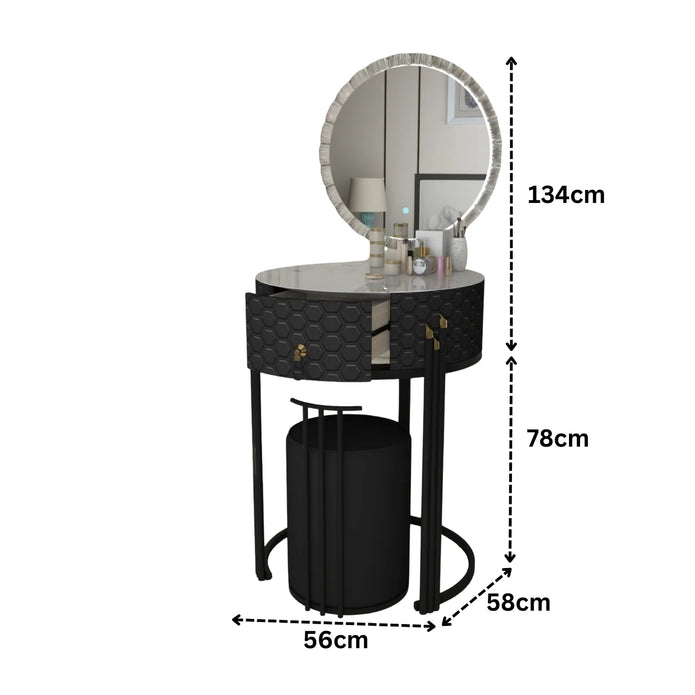 Round LED Mirror Dressing Table With Padded Stool