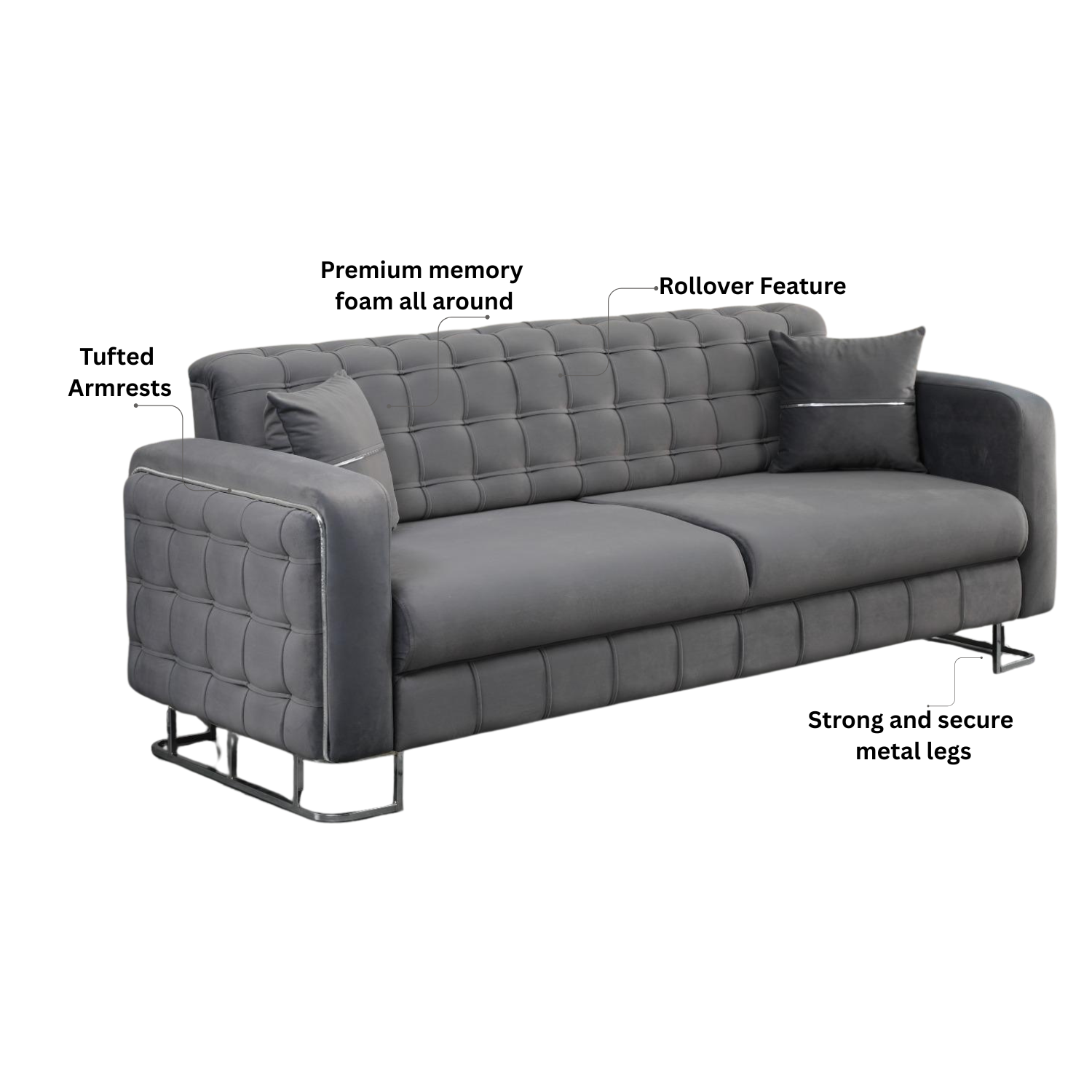 URBAN FURNISHING Modern Velvet Sofa Couch with Rollover Bed with Chrome Metal Legs & Chrome Finishing – Contemporary Sofa Bed For Living Room