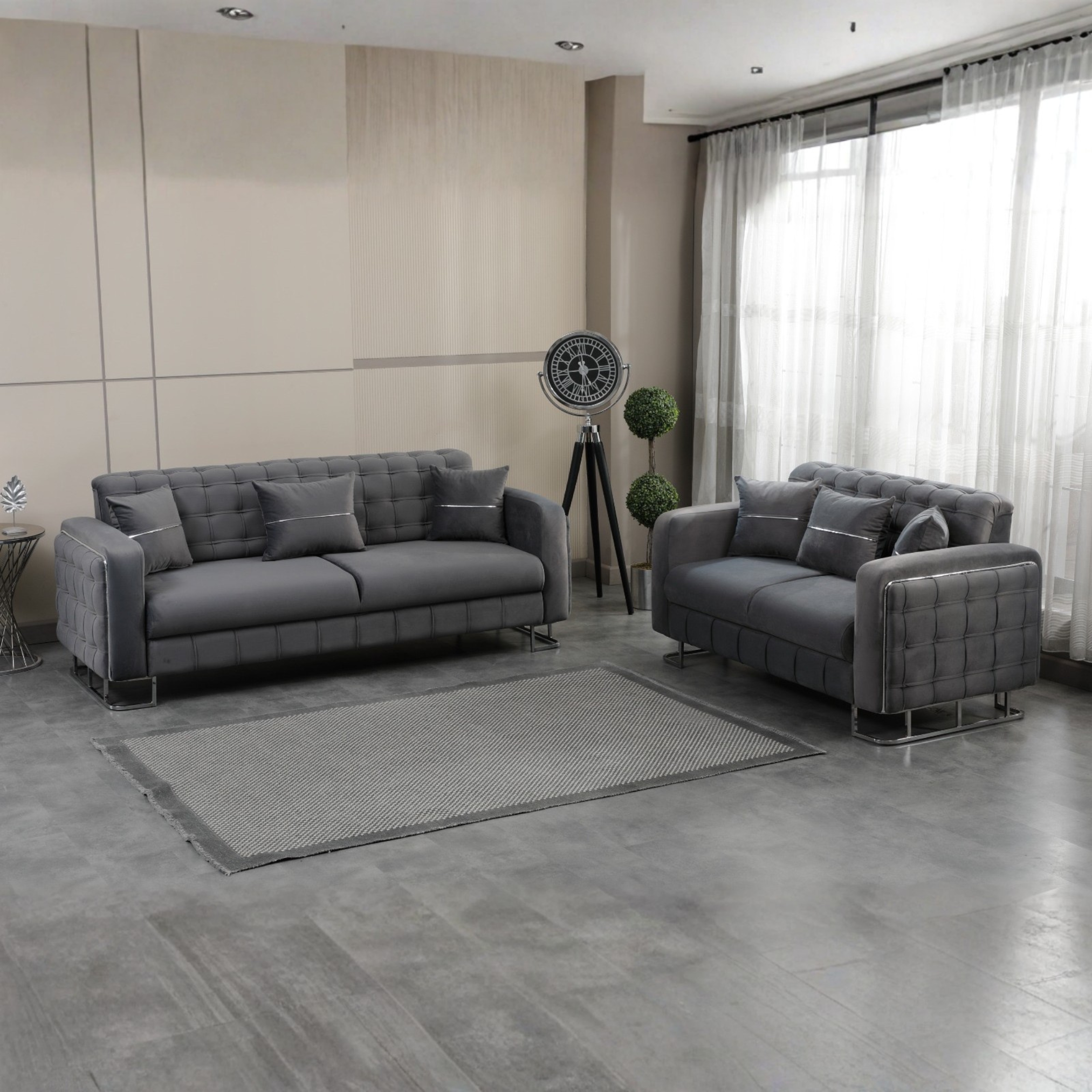 Modern Velvet Sofa BED with Chrome Metal Legs .