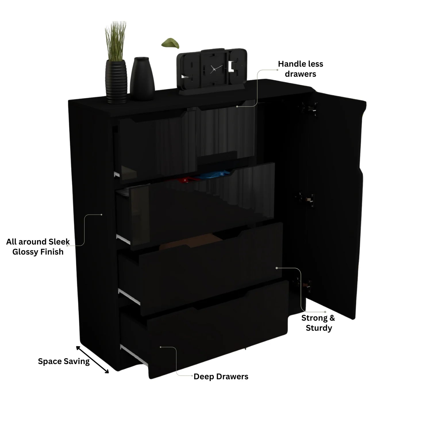 URBAN FURNISHING Modern High Gloss 5 Drawer Dresser with Side Hanging Cabinet