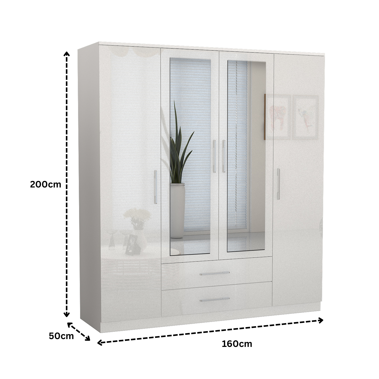 URBAN FURNISHING Modern 4-Door Wardrobe with Mirror &  2 Bottom Drawers 160CM