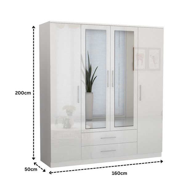 URBAN FURNISHING Modern 4-Door Wardrobe with Mirror &  2 Bottom Drawers 160CM