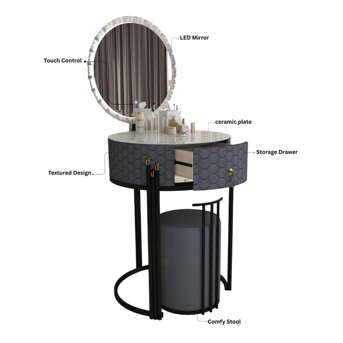 Round LED Mirror Dressing Table With Padded Stool