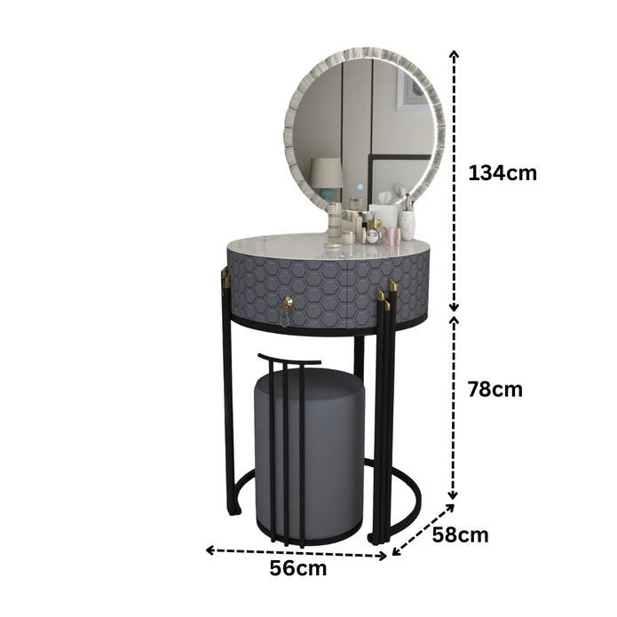Round LED Mirror Dressing Table With Padded Stool