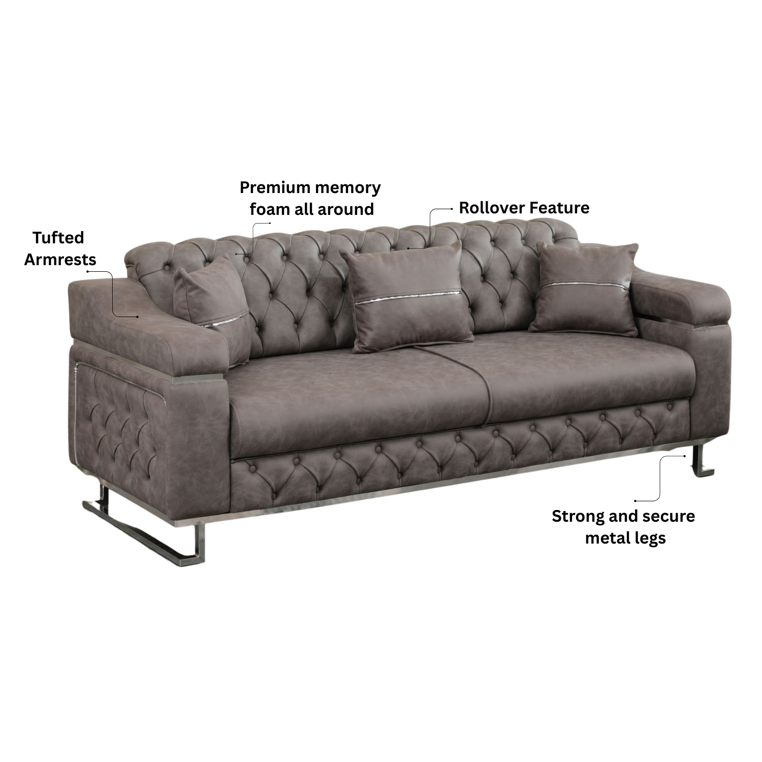 Modern Velvet Sofa Couch with Rollover Bed with Chrome Metal Legs & Chrome Finishing – Contemporary Sofa Bed For Living Room.