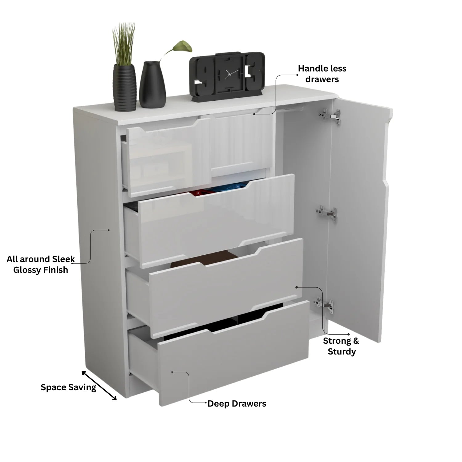 Modern High Gloss 5 Drawer Dresser with Side Hanging Cabinet