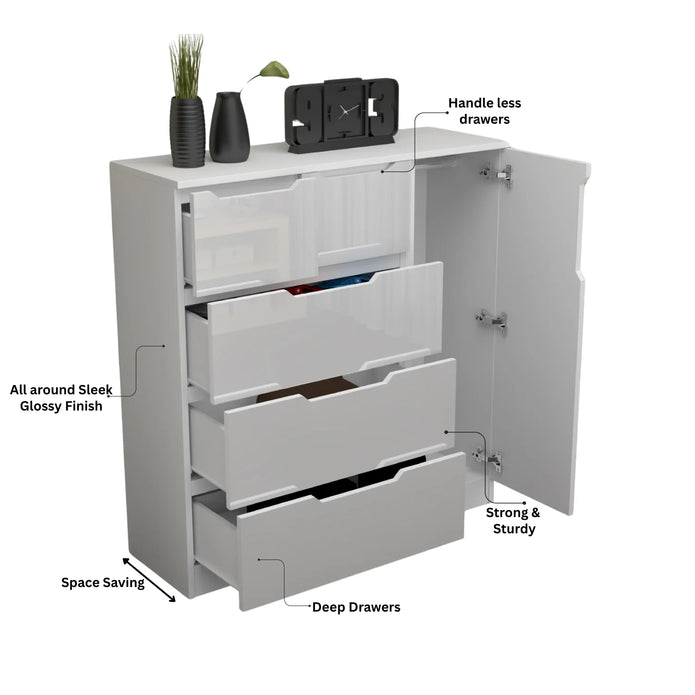 Modern High Gloss 5 Drawer Dresser with Side Hanging Cabinet