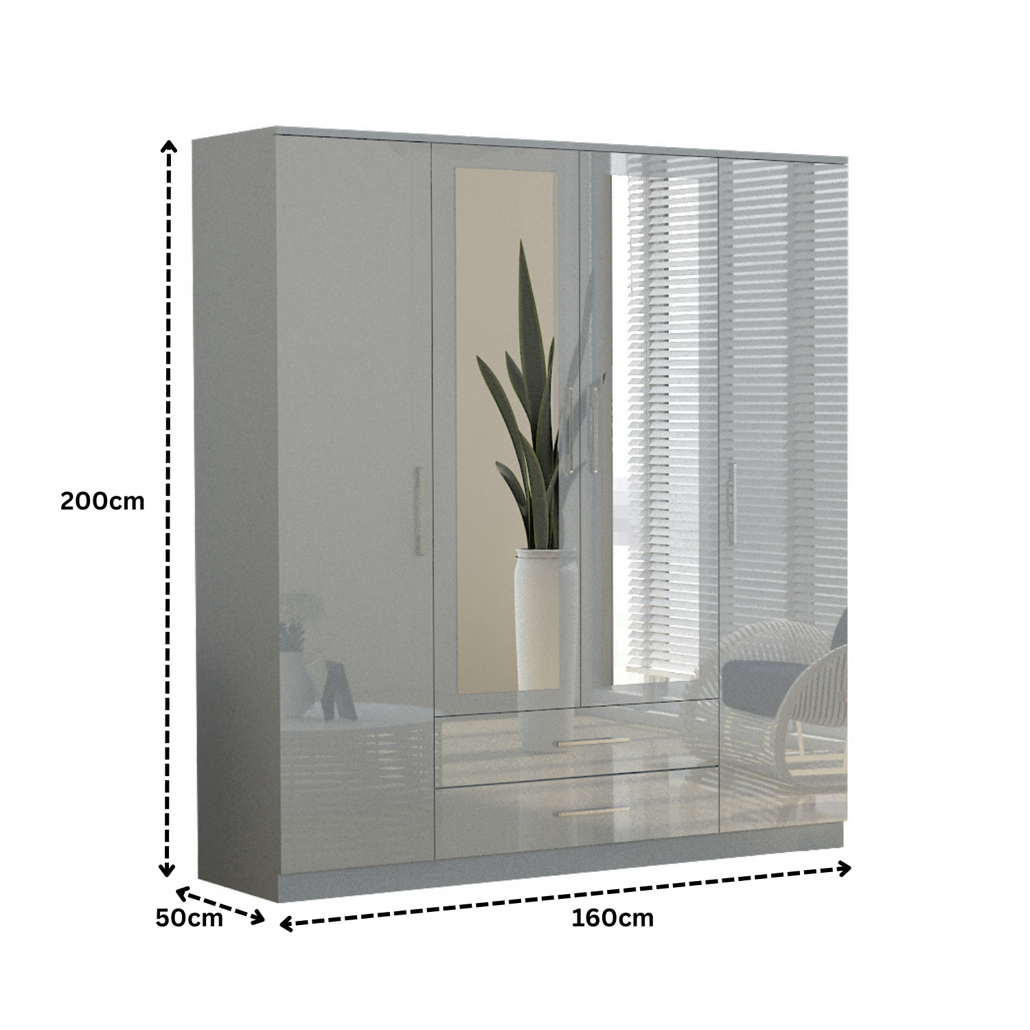 URBAN FURNISHING Modern 4-Door Wardrobe with Mirror &  2 Bottom Drawers 160CM