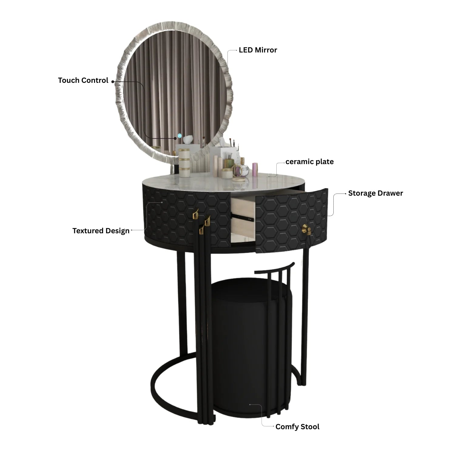 URBAN FURNISHING Modern Round Vanity Table with LED Mirror and Padded Stool