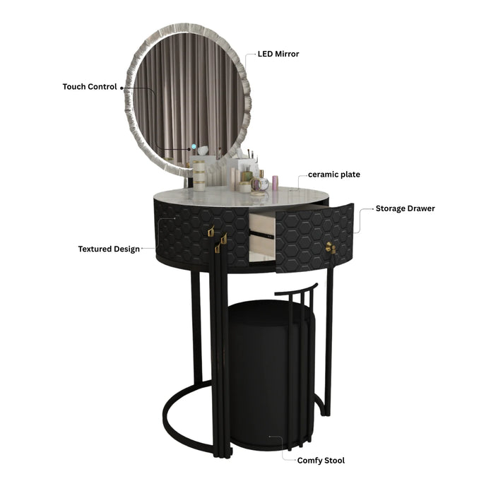 Round LED Mirror Dressing Table With Padded Stool