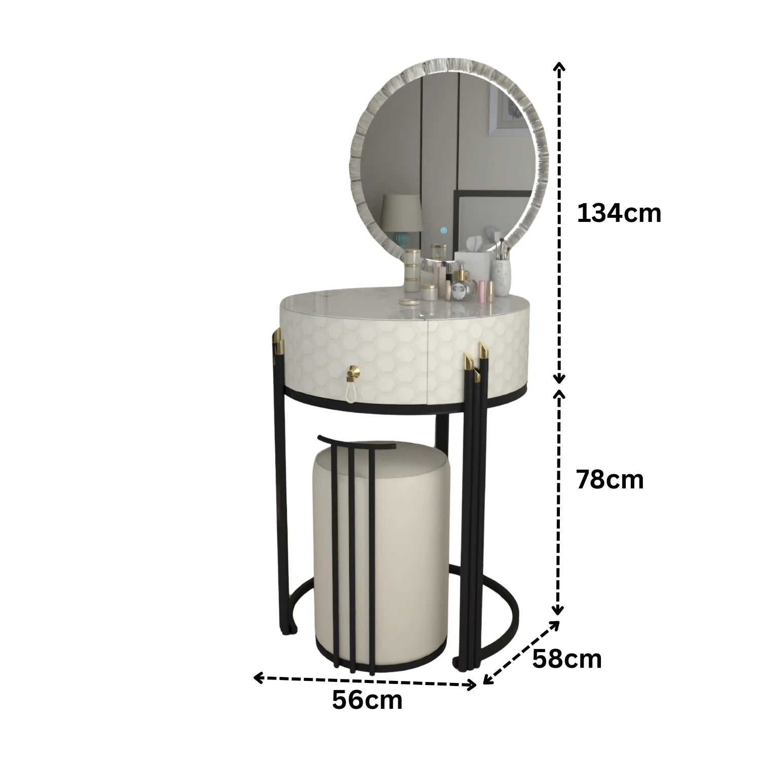 URBAN FURNISHING Modern Round Vanity Table with LED Mirror and Padded Stool