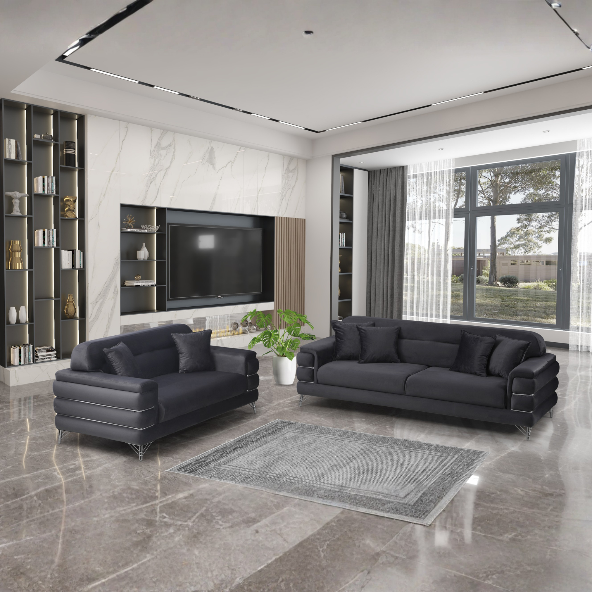 Modern Fabric Sofa Set with Chrome Metal Legs .