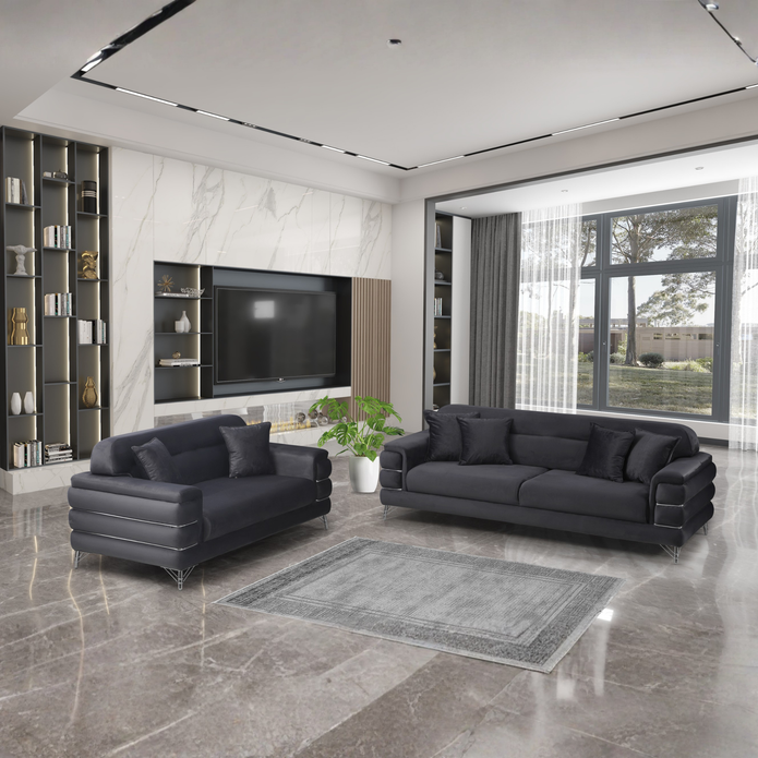 Modern Fabric Sofa Set with Chrome Metal Legs .