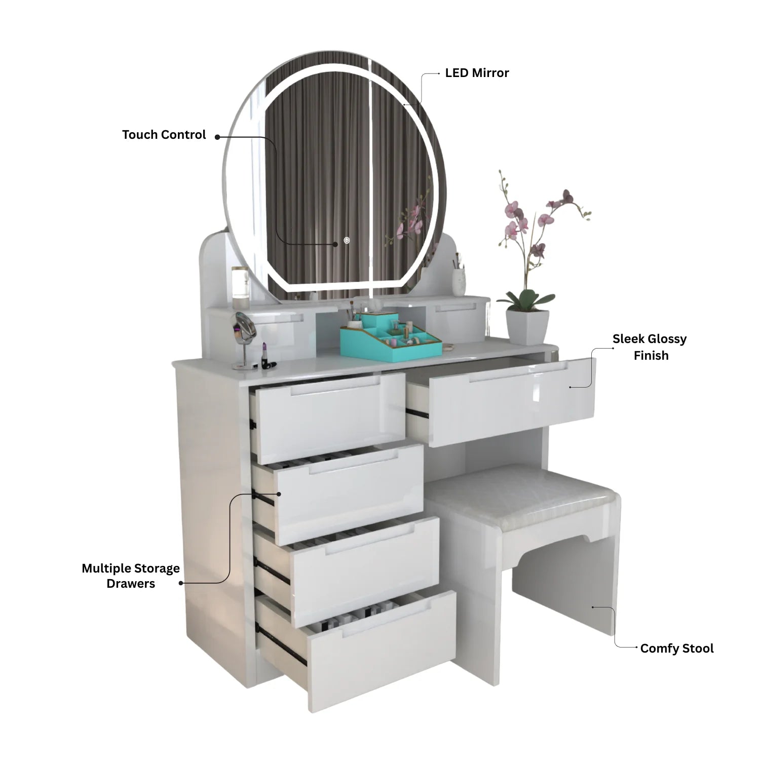 Glossique High Gloss Dressing Table with LED Mirror & Stool