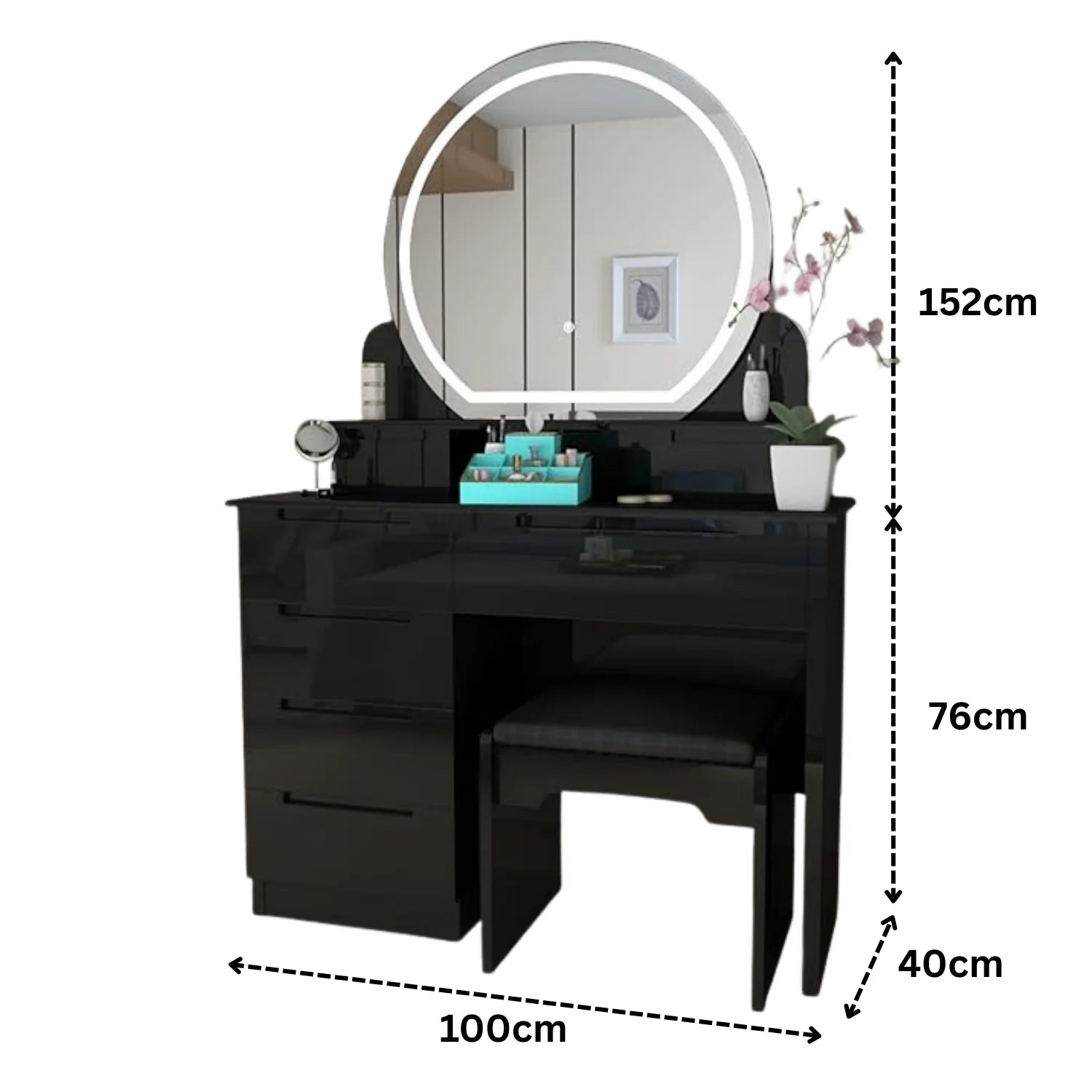 Glossique High Gloss Dressing Table with LED Mirror & Stool
