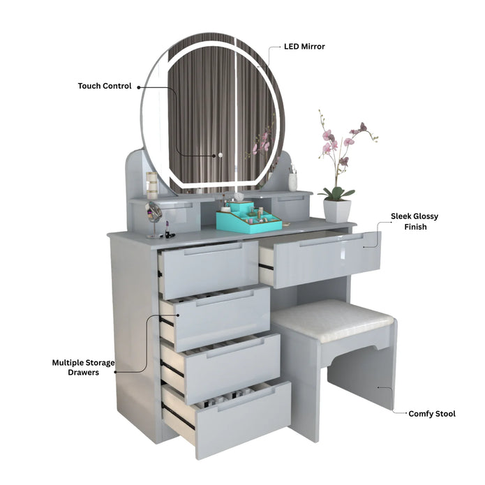 Round LED Mirror With High Gloss Dressing Table