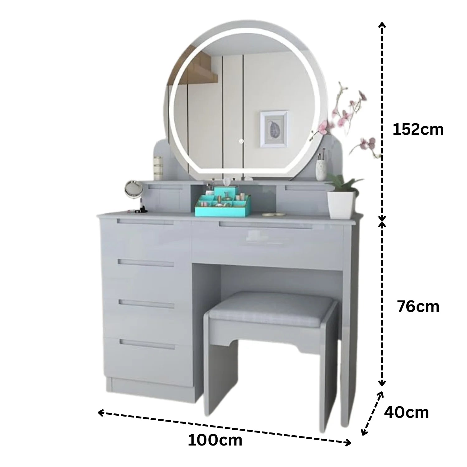 Glossique High Gloss Dressing Table with LED Mirror & Stool