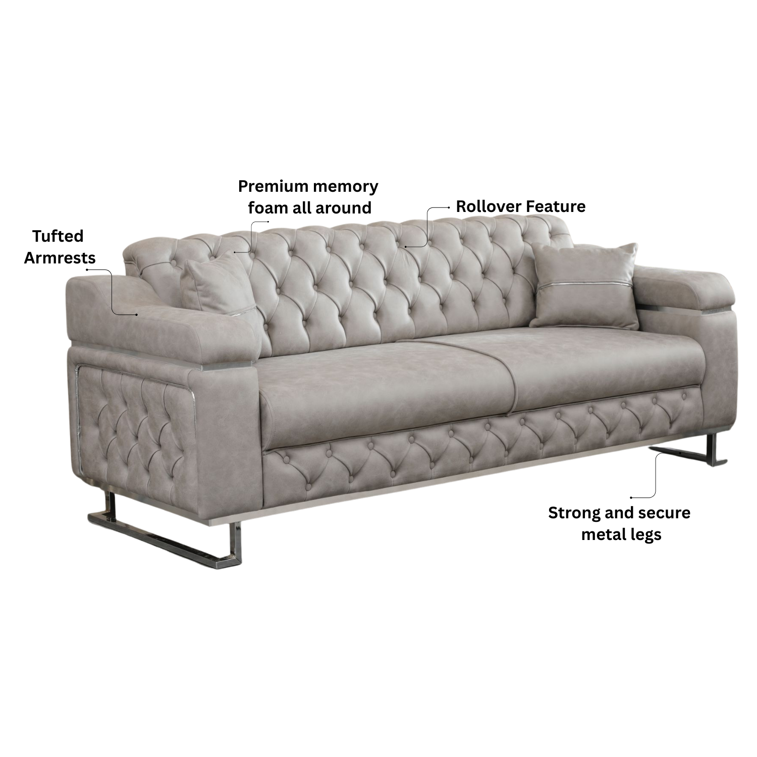 Modern Velvet Sofa Couch with Rollover Bed with Chrome Metal Legs & Chrome Finishing – Contemporary Sofa Bed For Living Room.