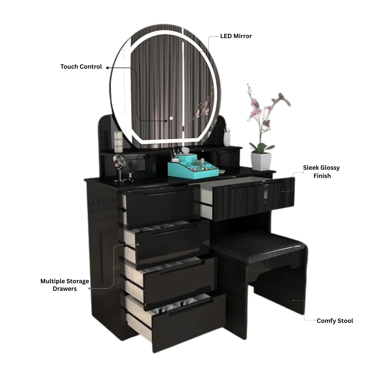Glossique High Gloss Dressing Table with LED Mirror & Stool