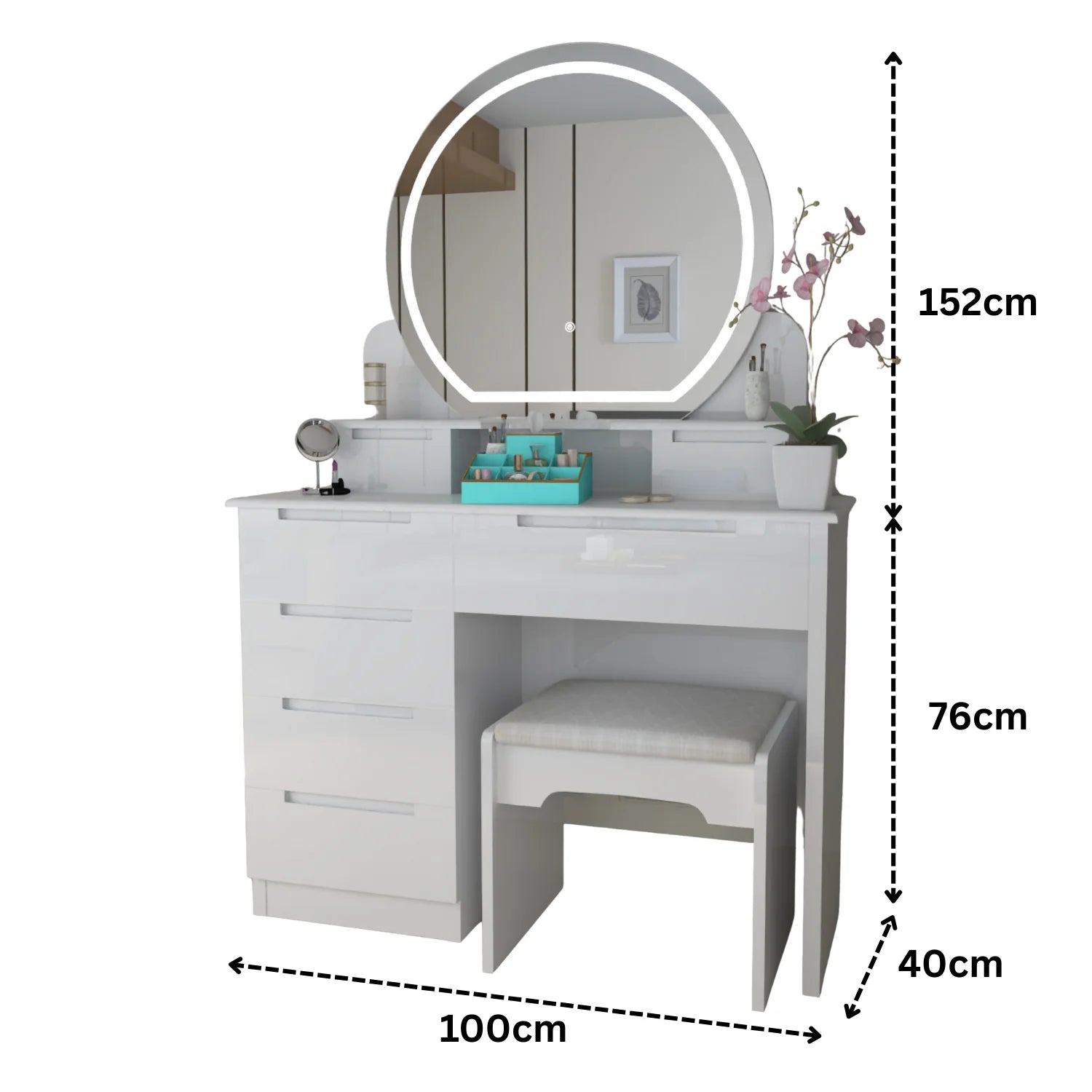 Glossique High Gloss Dressing Table with LED Mirror & Stool