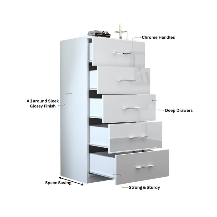 5 Tier High Gloss Chest of Drawers with Handles.