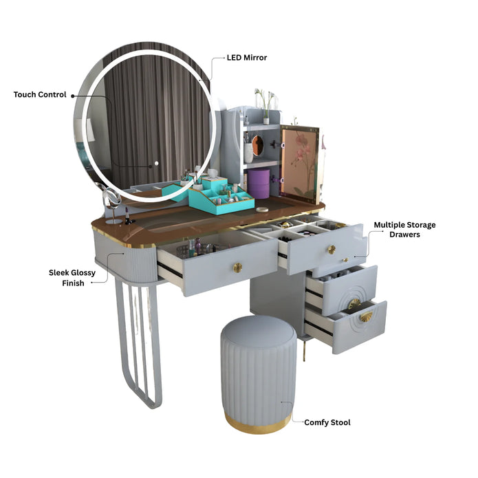 Modern LED Mirror Dressing Table With Padded Stool