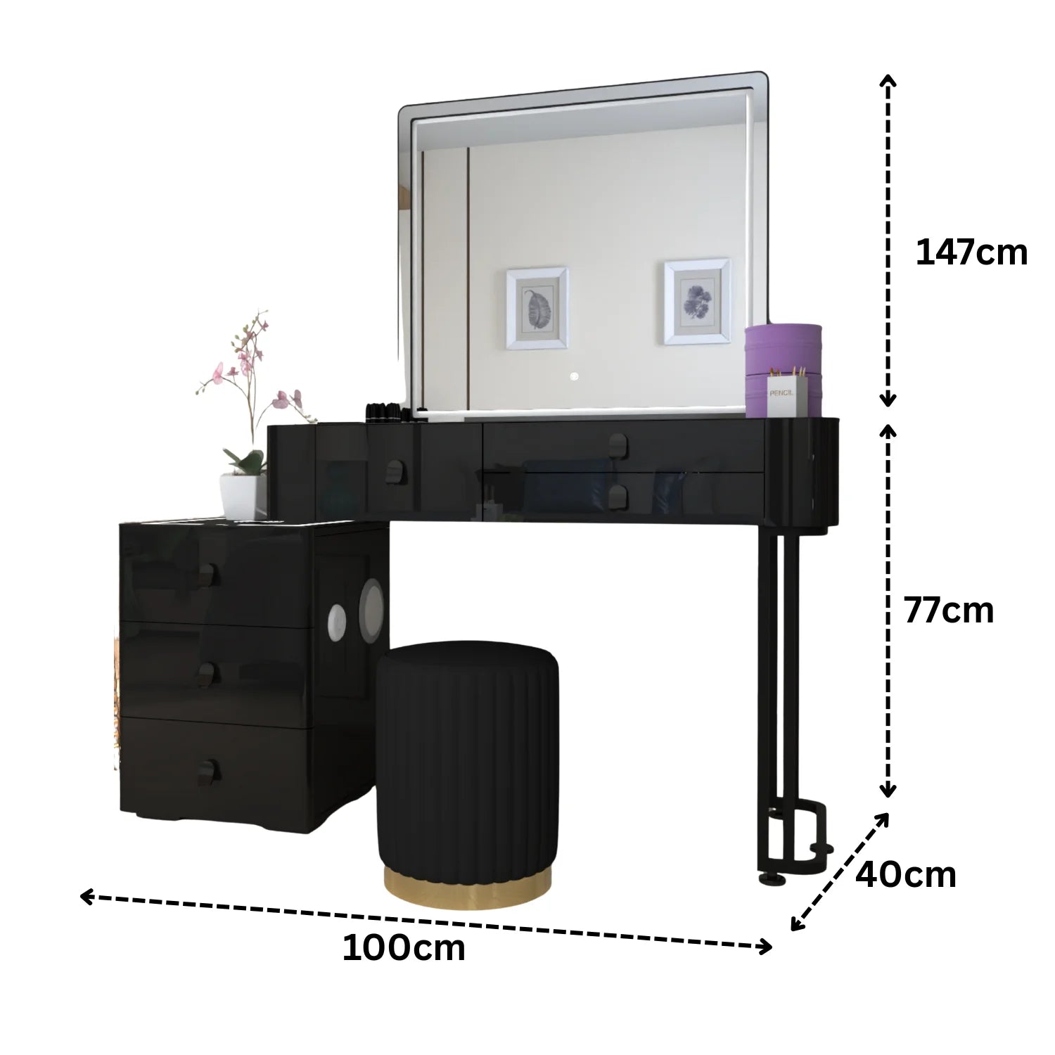 Urban Furnishing Modern Wide Vanity Set with LED Mirror, Black Glass Top, and 3-Drawer Storage