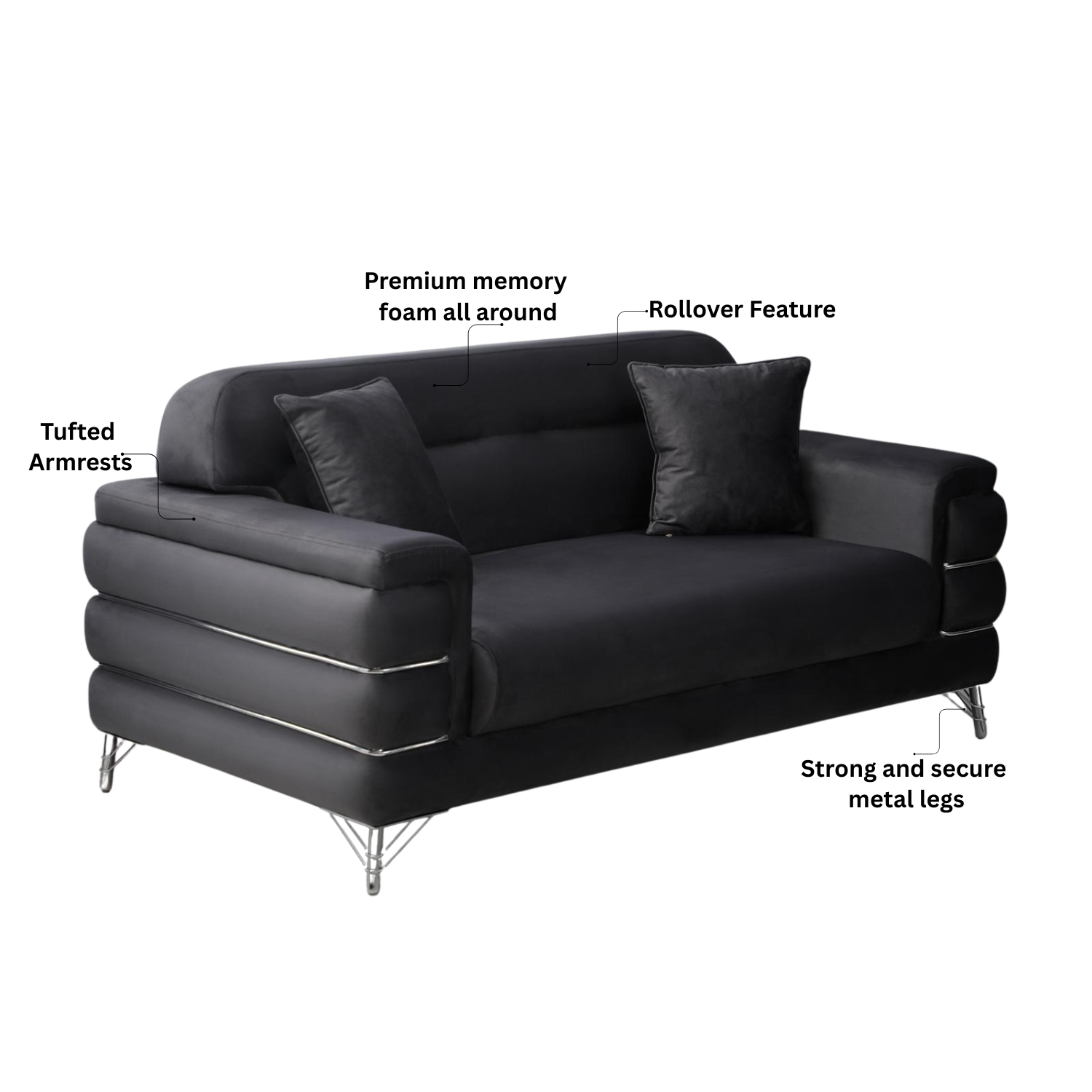 URBAN FURNISHING Modern Velvet Sofa Couch with Rollover Bed with Chrome Metal Legs & Chrome Finishing – Contemporary Sofa Bed For Living Room