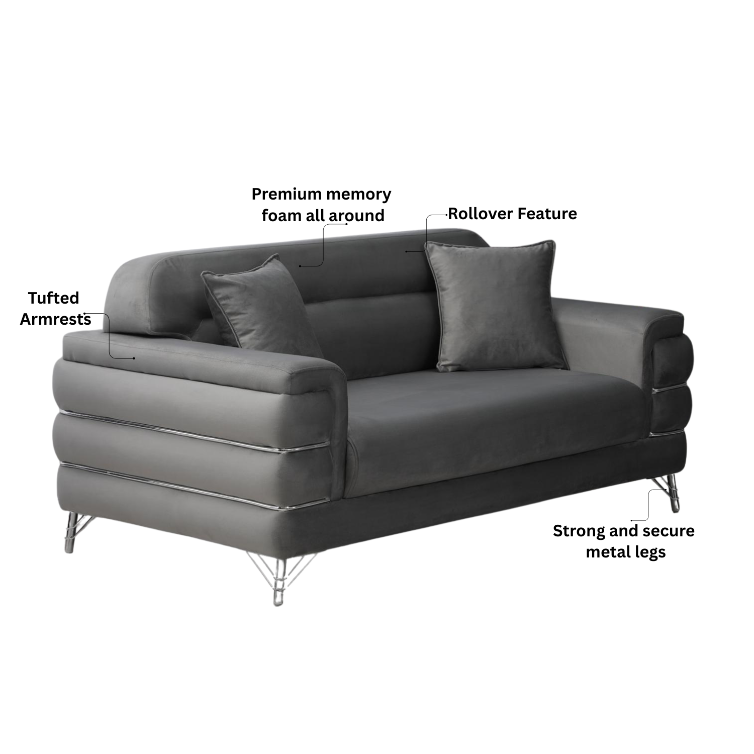 URBAN FURNISHING Modern Velvet Sofa Couch with Rollover Bed with Chrome Metal Legs & Chrome Finishing – Contemporary Sofa Bed For Living Room