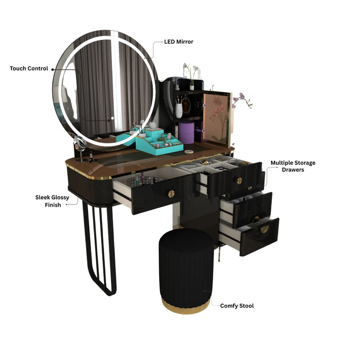 Modern LED Mirror Dressing Table With Padded Stool