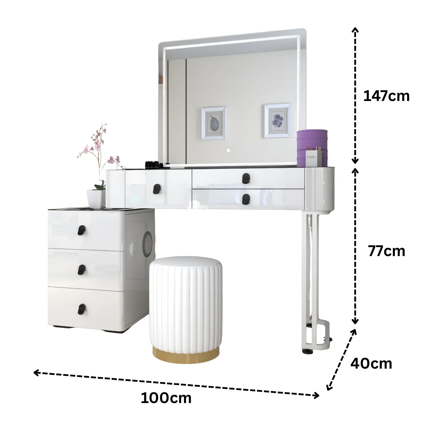 Urban Furnishing Modern Wide Vanity Set with LED Mirror, Black Glass Top, and 3-Drawer Storage