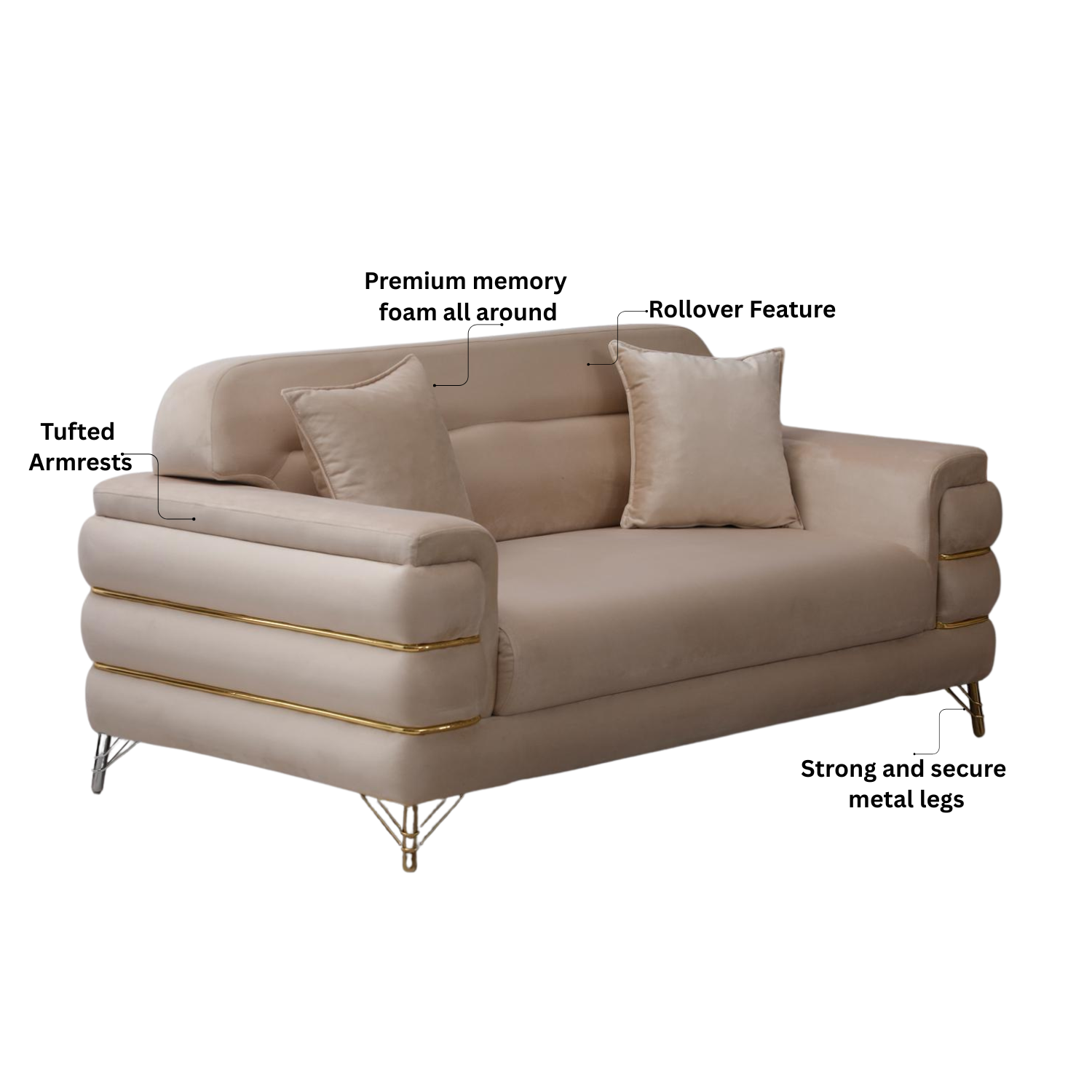 URBAN FURNISHING Modern Velvet Sofa Couch with Rollover Bed with Chrome Metal Legs & Chrome Finishing – Contemporary Sofa Bed For Living Room