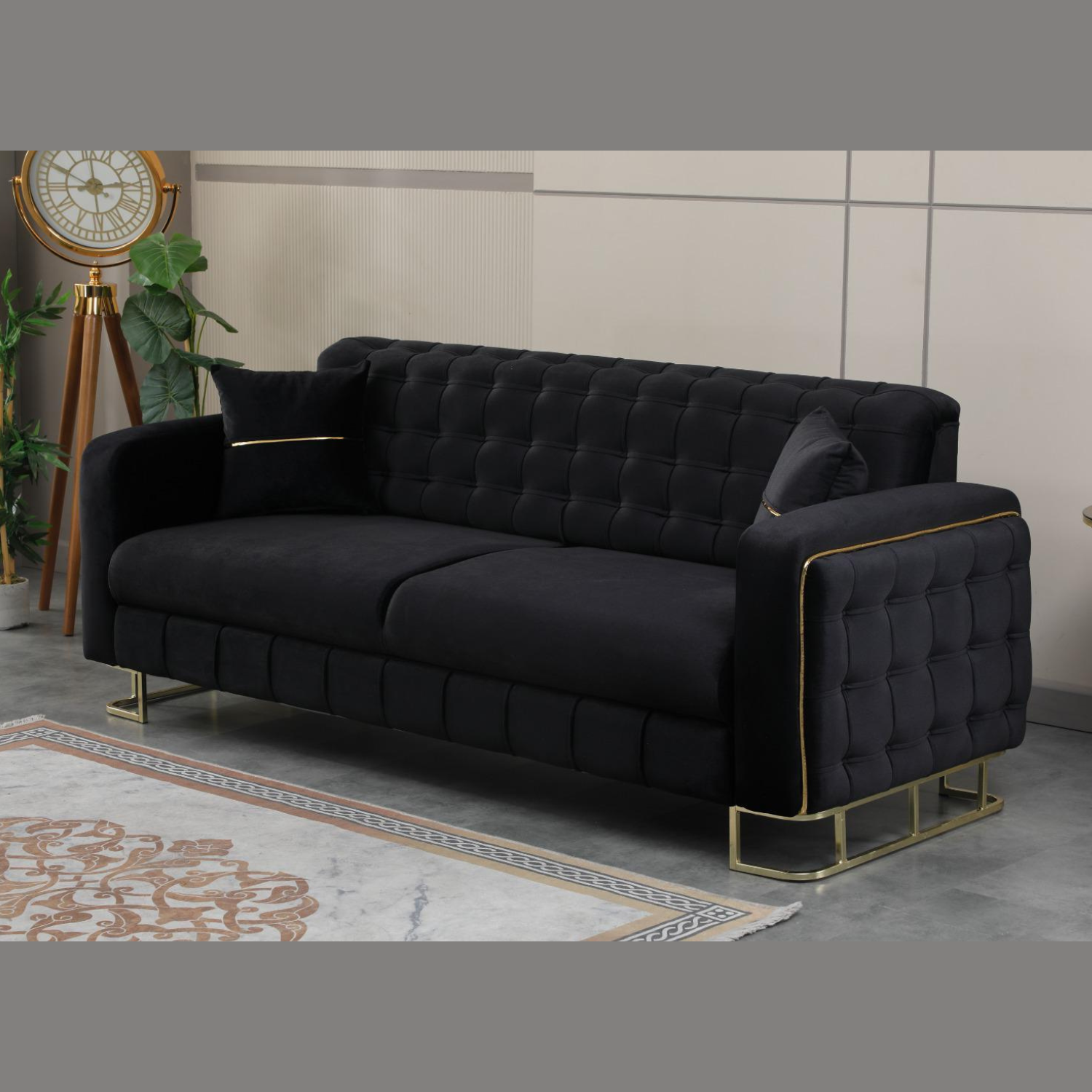 URBAN FURNISHING Modern Velvet Sofa Couch with Rollover Bed with Chrome Metal Legs & Chrome Finishing – Contemporary Sofa Bed For Living Room