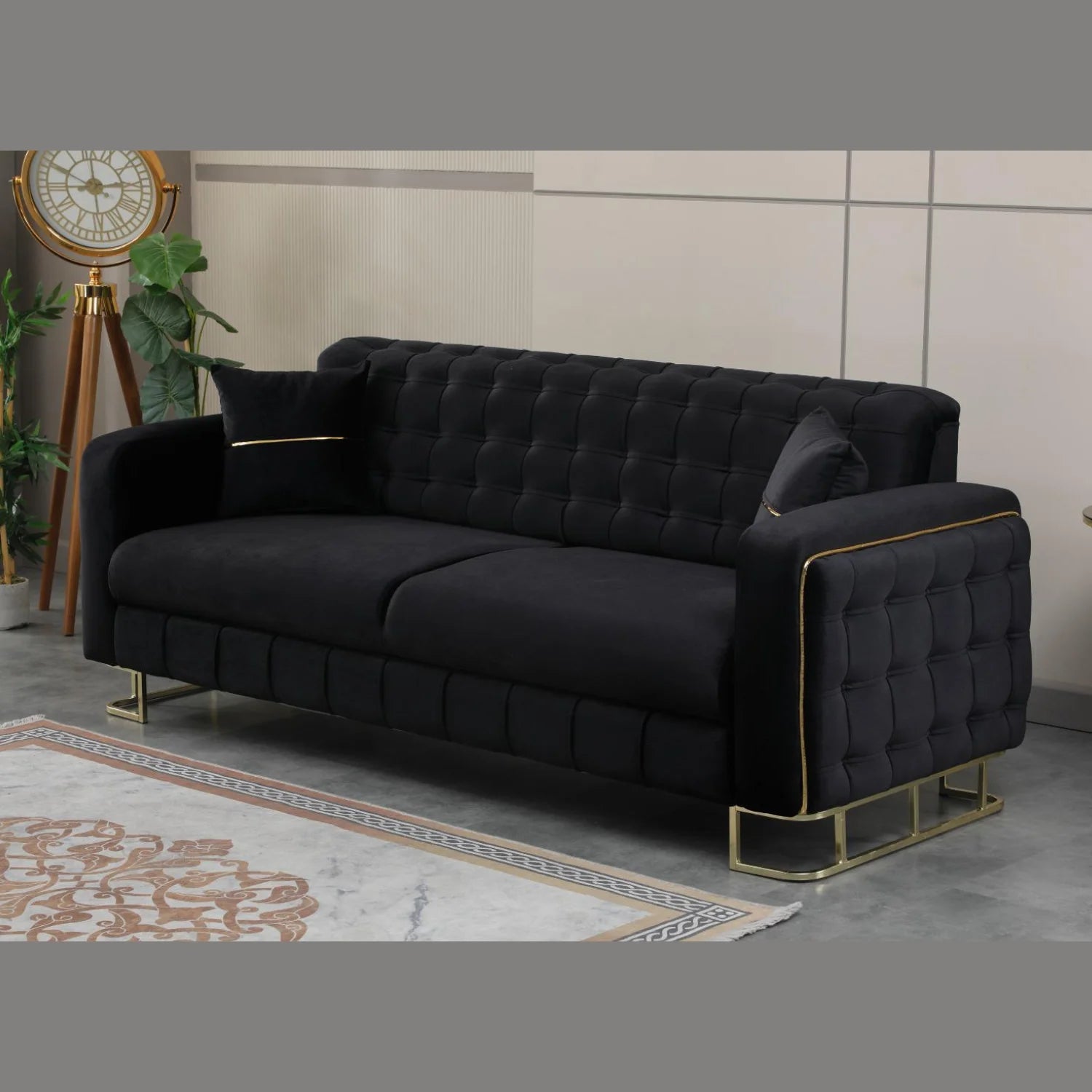 Modern Velvet Sofa BED with Chrome Metal Legs .