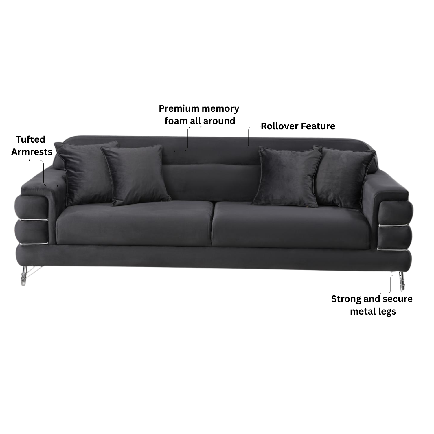 URBAN FURNISHING Modern Velvet Sofa Couch with Rollover Bed with Chrome Metal Legs & Chrome Finishing – Contemporary Sofa Bed For Living Room