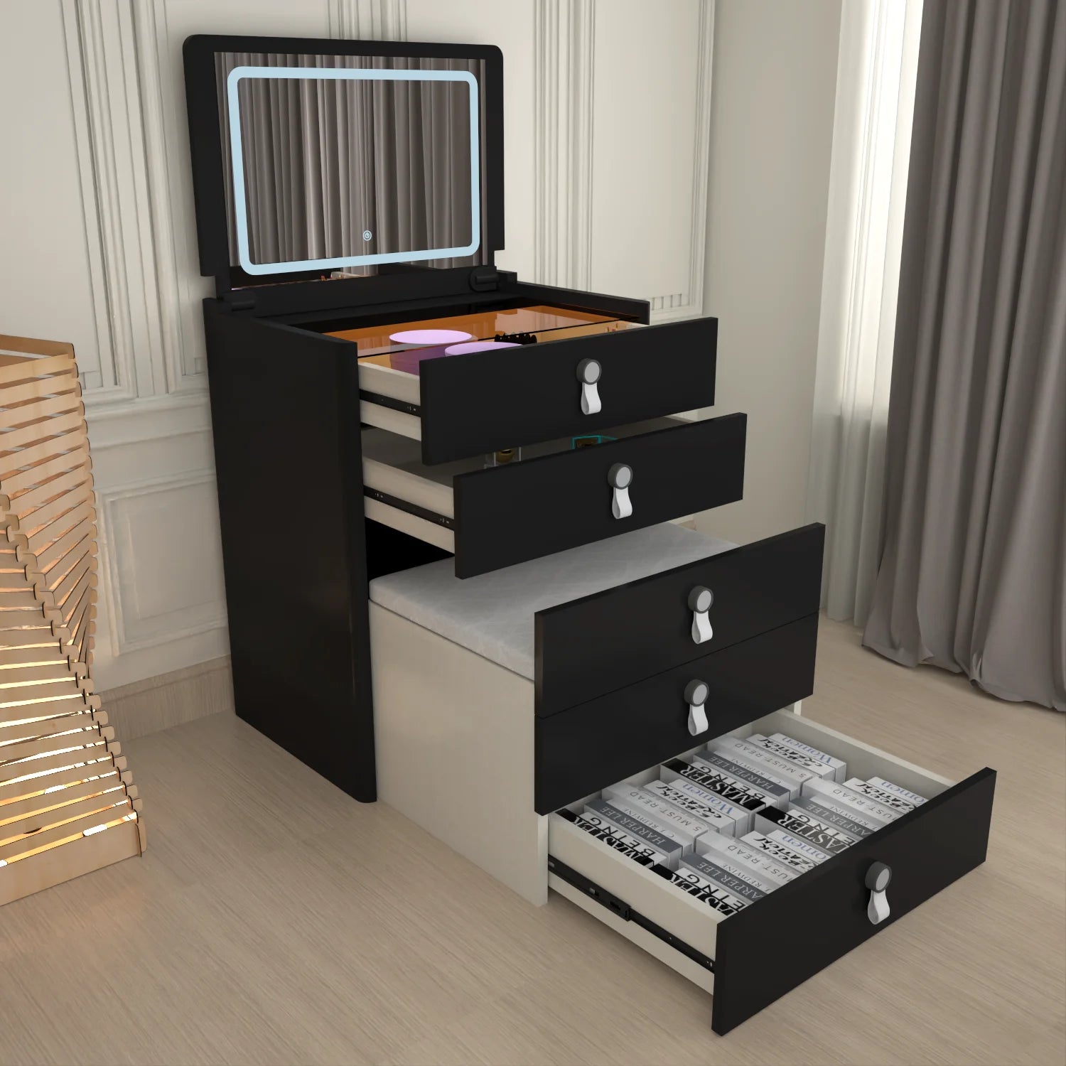 URBAN FURNISHING MULTI FUNCTIONAL DRESSING TABLE & Chester Drawer WITH LED MIRROR (Black)