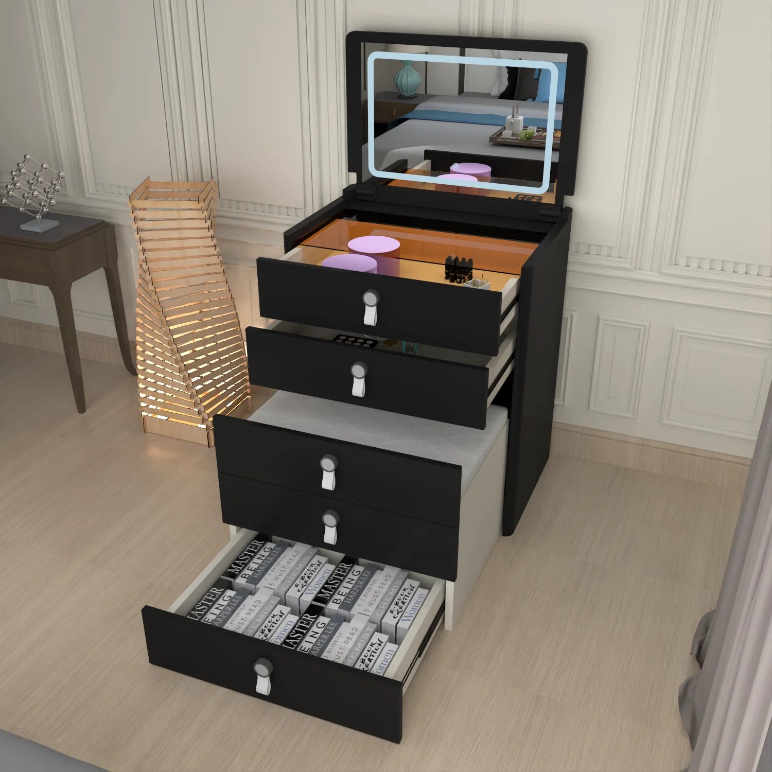 URBAN FURNISHING MULTI FUNCTIONAL DRESSING TABLE & Chester Drawer WITH LED MIRROR (Black)