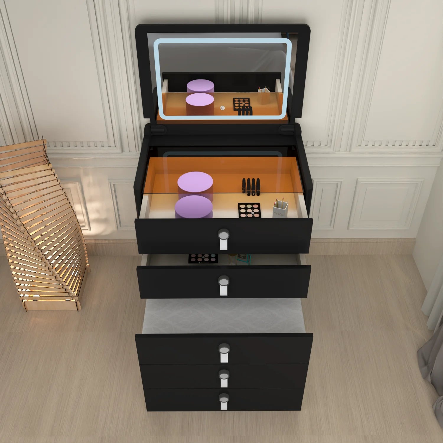URBAN FURNISHING MULTI FUNCTIONAL DRESSING TABLE & Chester Drawer WITH LED MIRROR (Black)