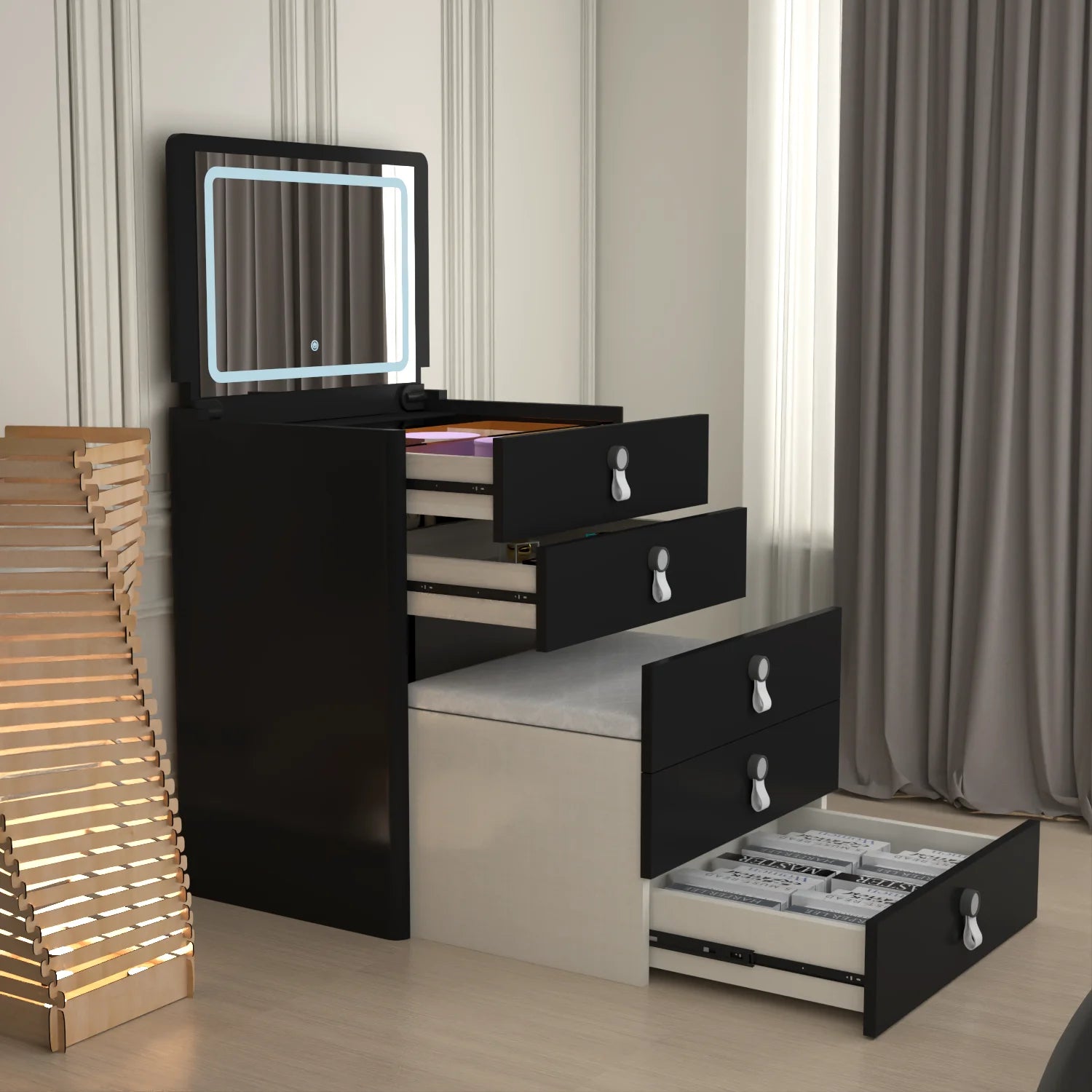 URBAN FURNISHING MULTI FUNCTIONAL DRESSING TABLE & Chester Drawer WITH LED MIRROR (Black)
