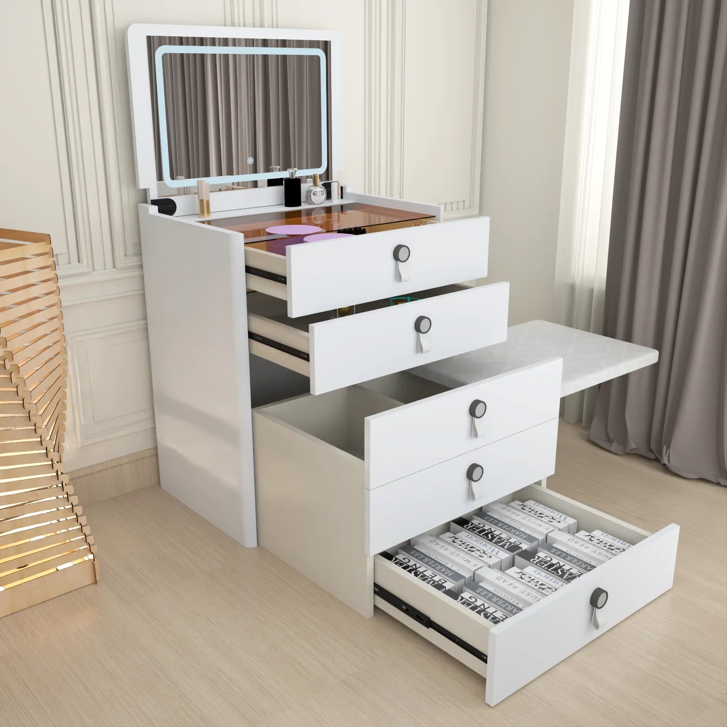 URBAN FURNISHING MULTI FUNCTIONAL DRESSING TABLE & Chester Drawer WITH LED MIRROR (Black)