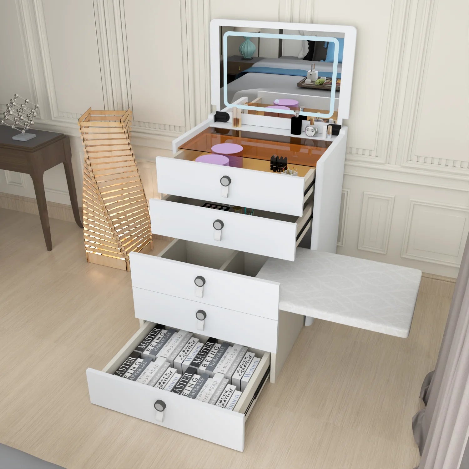 URBAN FURNISHING MULTI FUNCTIONAL DRESSING TABLE & Chester Drawer WITH LED MIRROR (Black)