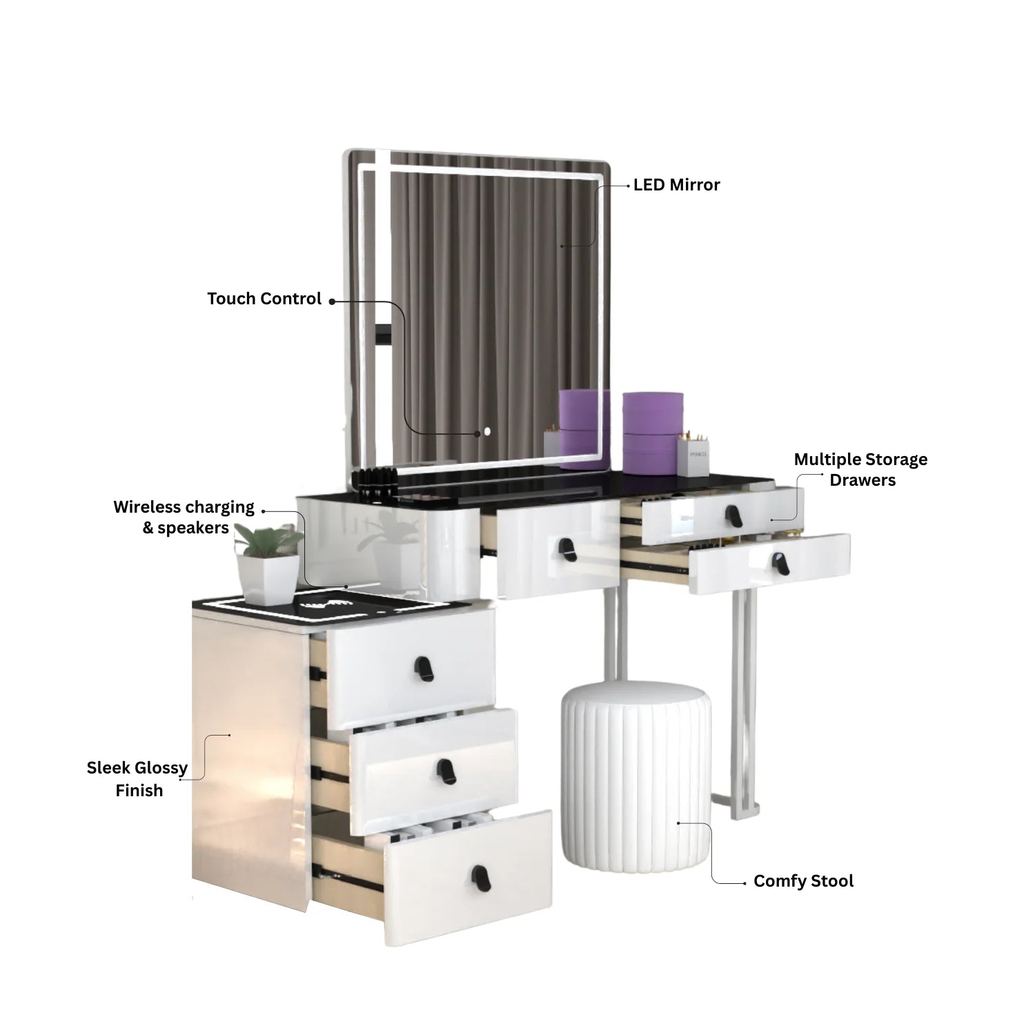 Urban Furnishing Modern Wide Vanity Set with LED Mirror, Black Glass Top, and 3-Drawer Storage