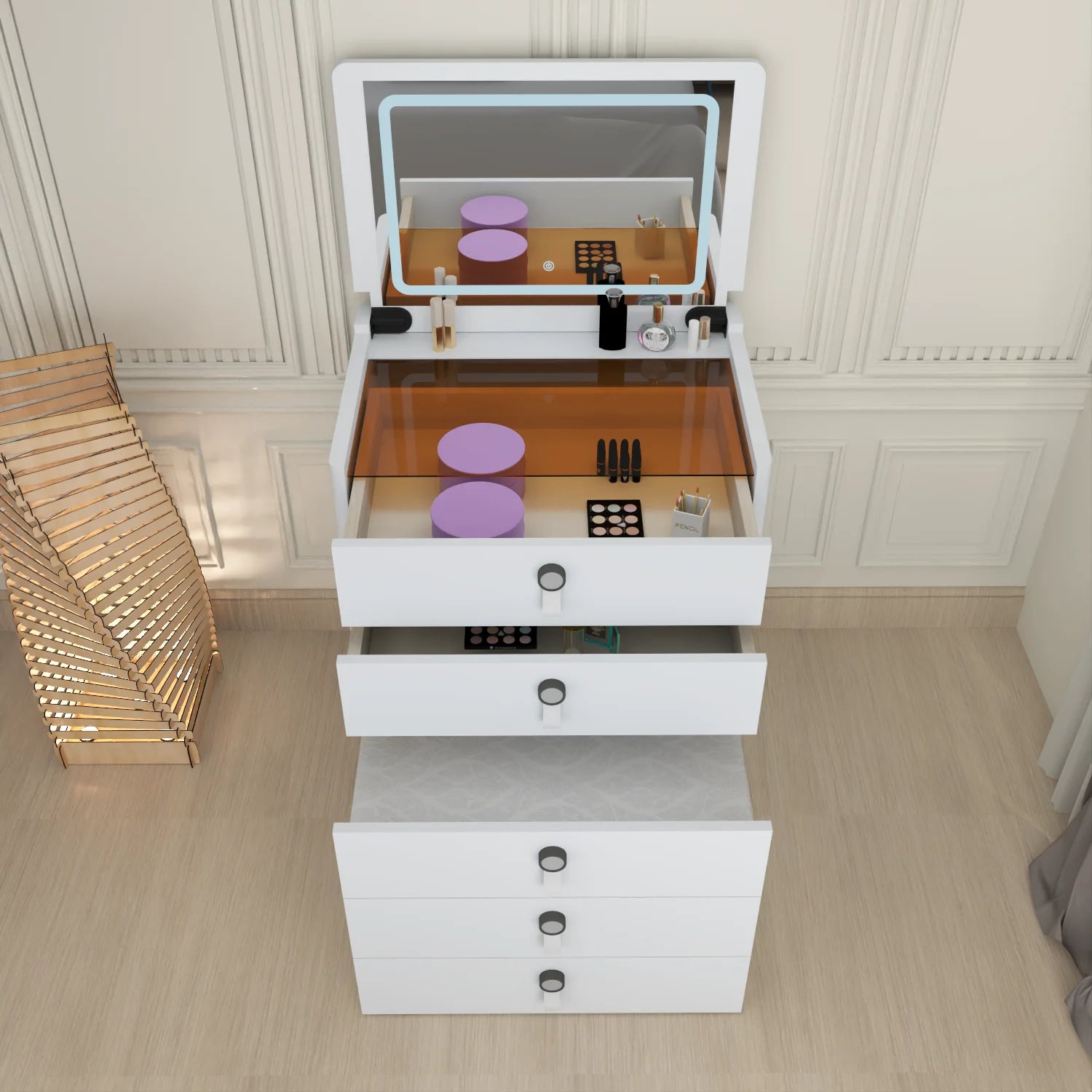 URBAN FURNISHING MULTI FUNCTIONAL DRESSING TABLE & Chester Drawer WITH LED MIRROR (Black)
