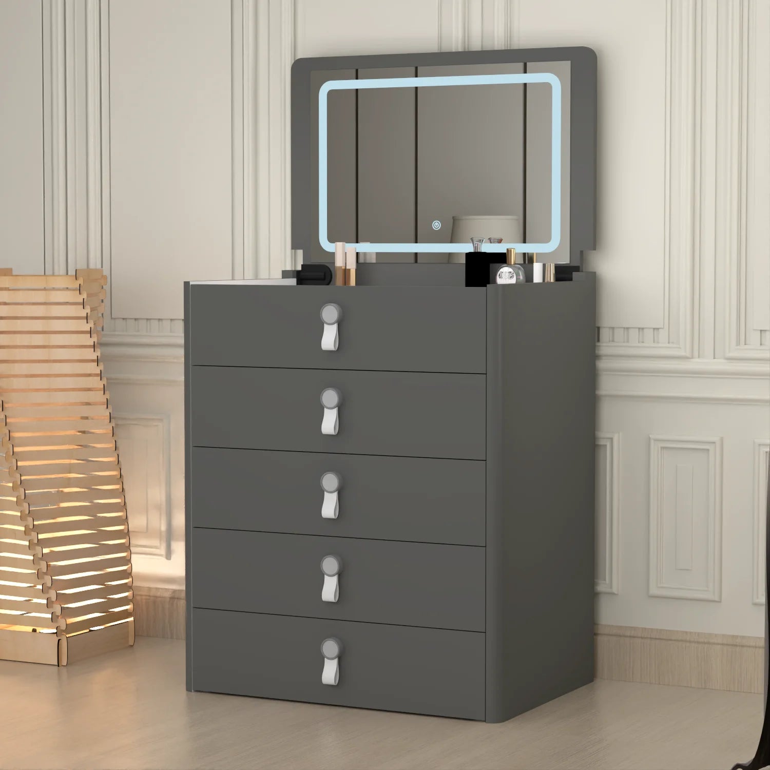 URBAN FURNISHING MULTI FUNCTIONAL DRESSING TABLE & Chester Drawer WITH LED MIRROR (Black)