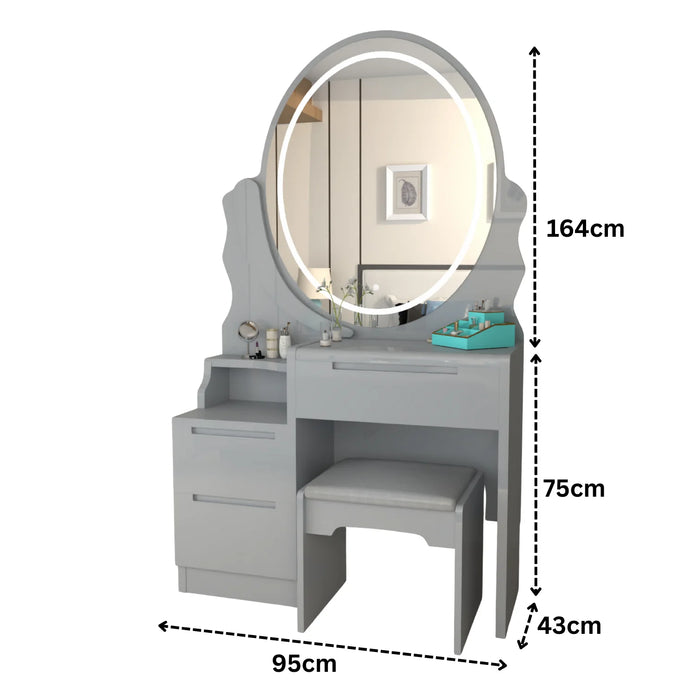 Oval LED Mirror Dressing Table With Padded Stool