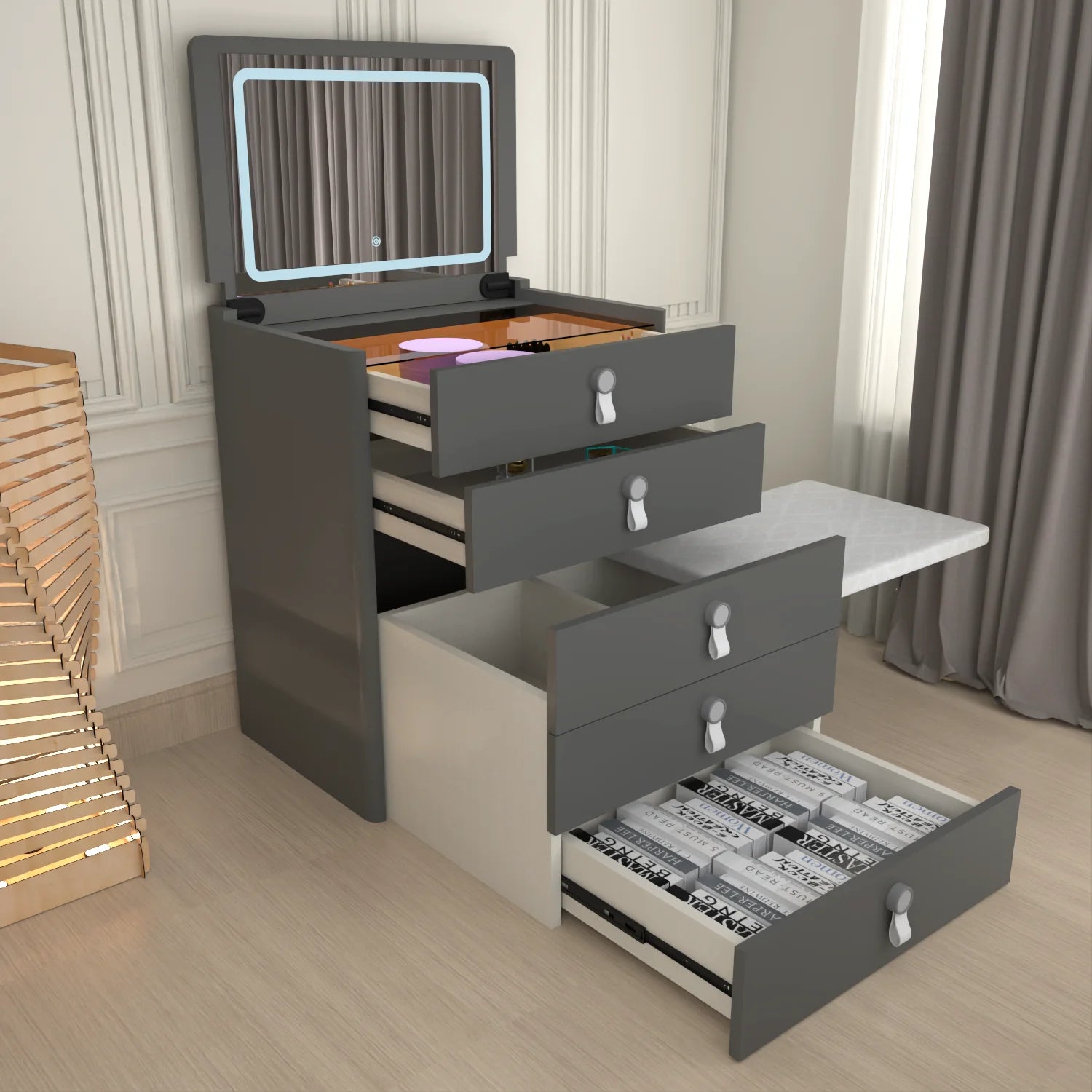 URBAN FURNISHING MULTI FUNCTIONAL DRESSING TABLE & Chester Drawer WITH LED MIRROR (Black)